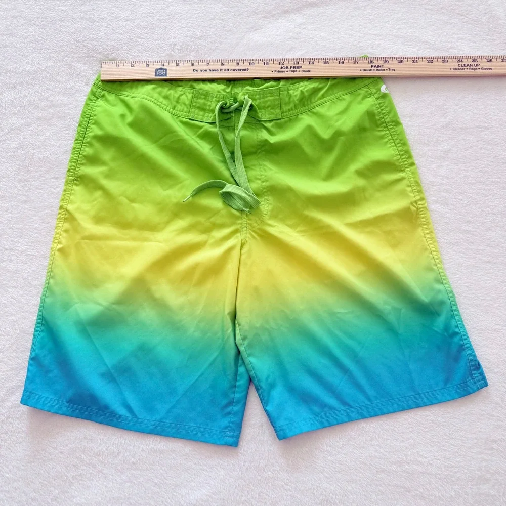 O'Rageous Swim Trunks Men Large Green Yellow Blue Ombre Gradient Board Shorts